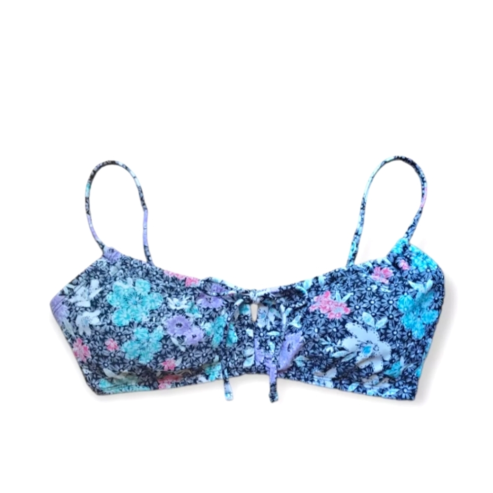 Time And Tru Women's Keyhole Swim Top Black Ground Batik Floral Size S (4-6)